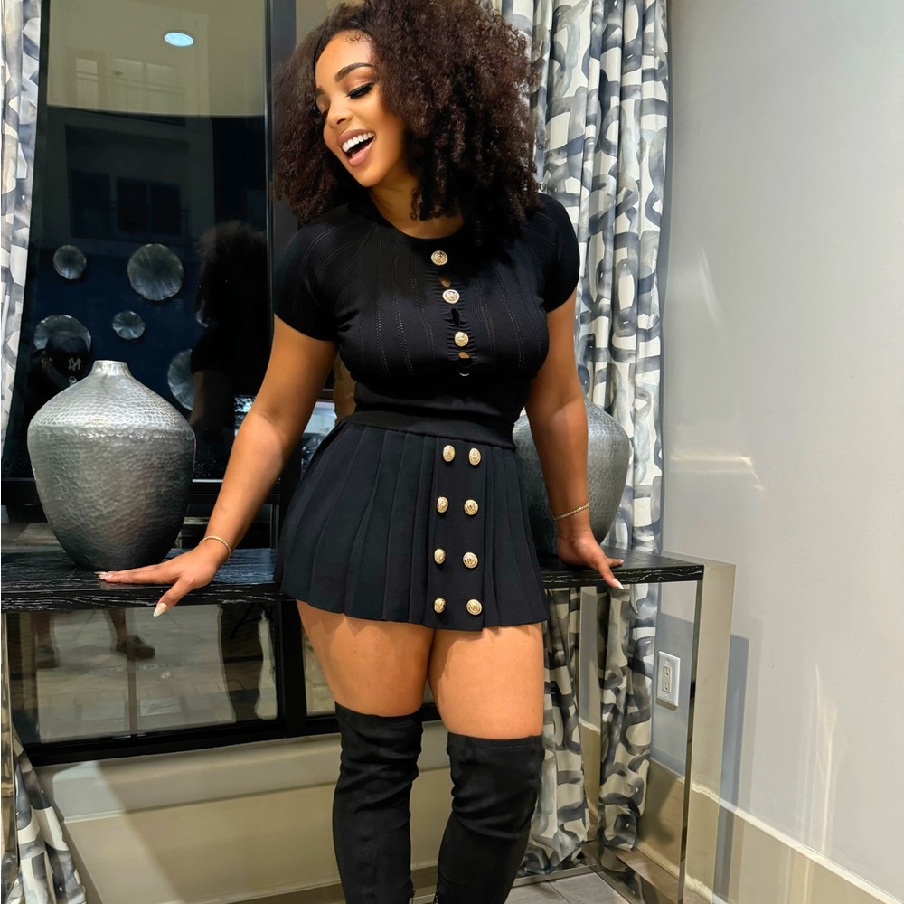 Black Buttoned Skirt Set with Gold Accents